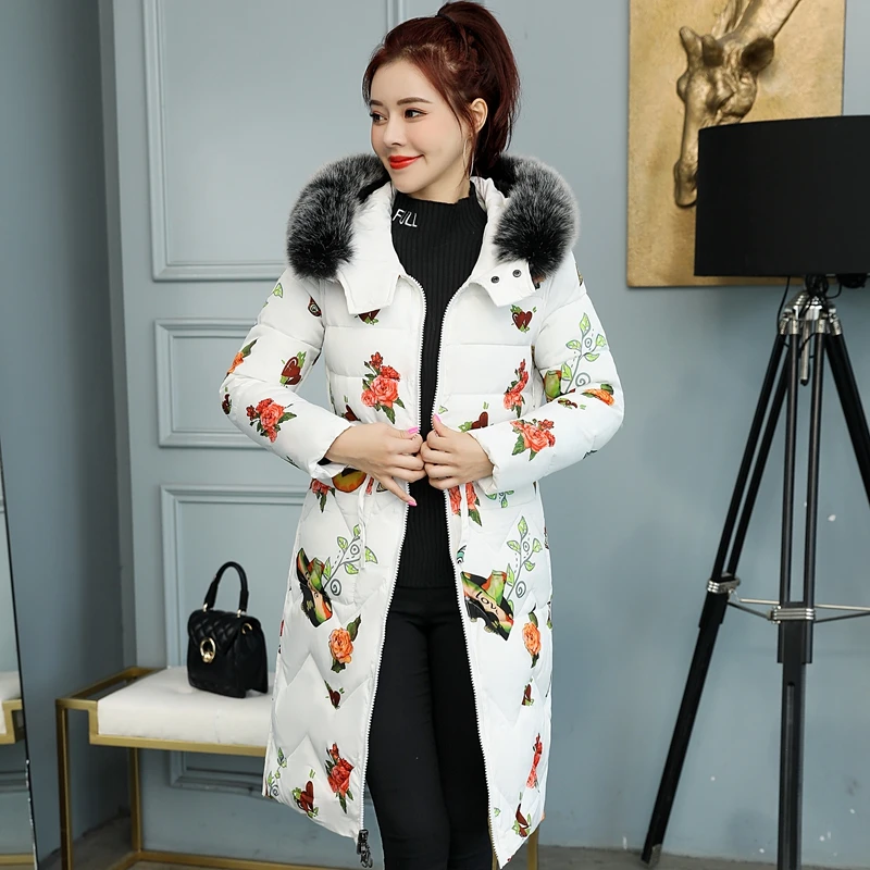 2020 New Print Liner Double Sided Wear Parka Winter Jacket Women Medium Long Hooded Parka Fur Collar Coat