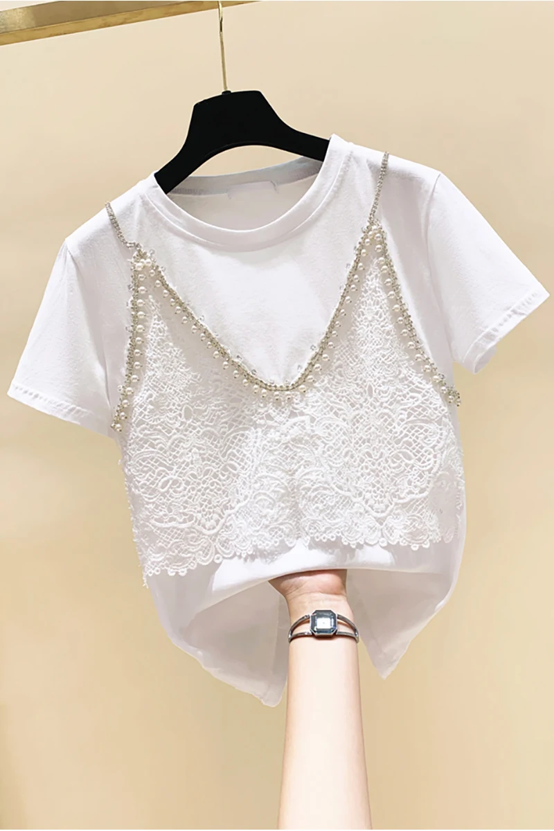 

Retro Lace Stitching Fake Two-Piece Beads diamond Short-Sleeved T-shirt Women 2021 Summer tshirt New Loose Casual Tops Fashion