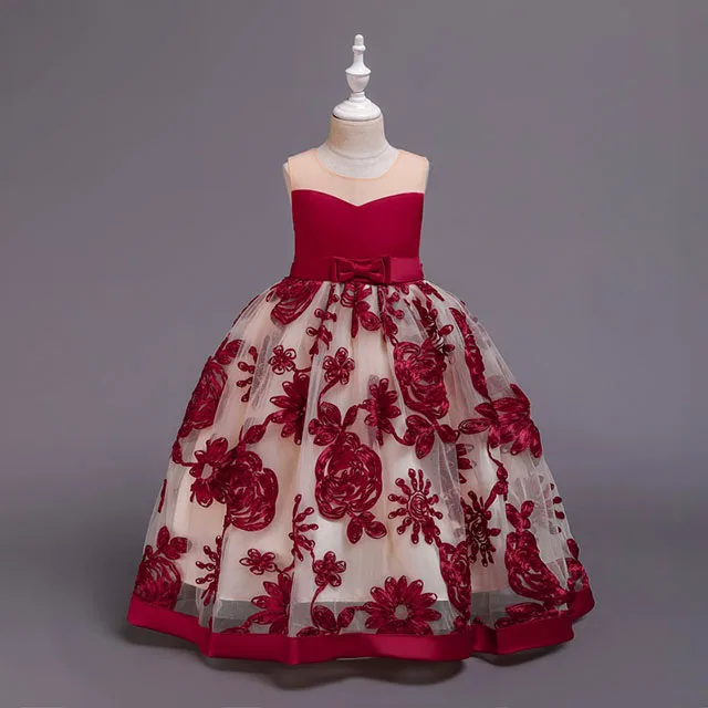 D2195-WineRed Одежда для маленьких девочек; модное платье с вышитыми цветами красного вина для девочек; свадебные вечерние платья в пол; Новинка года; платья принцессы - Цвет: D2195-WineRed