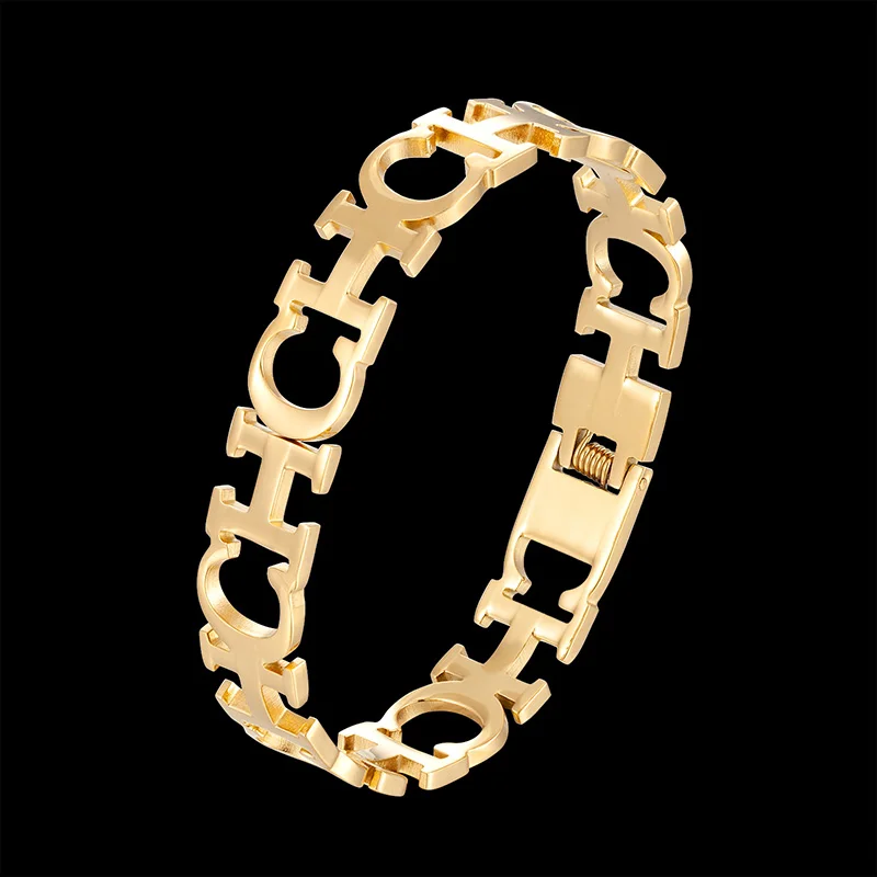 

Lanruisha European and American titanium steel hollow letters CH spring open Bangles fashion jewelry trendy unisex accessoriess