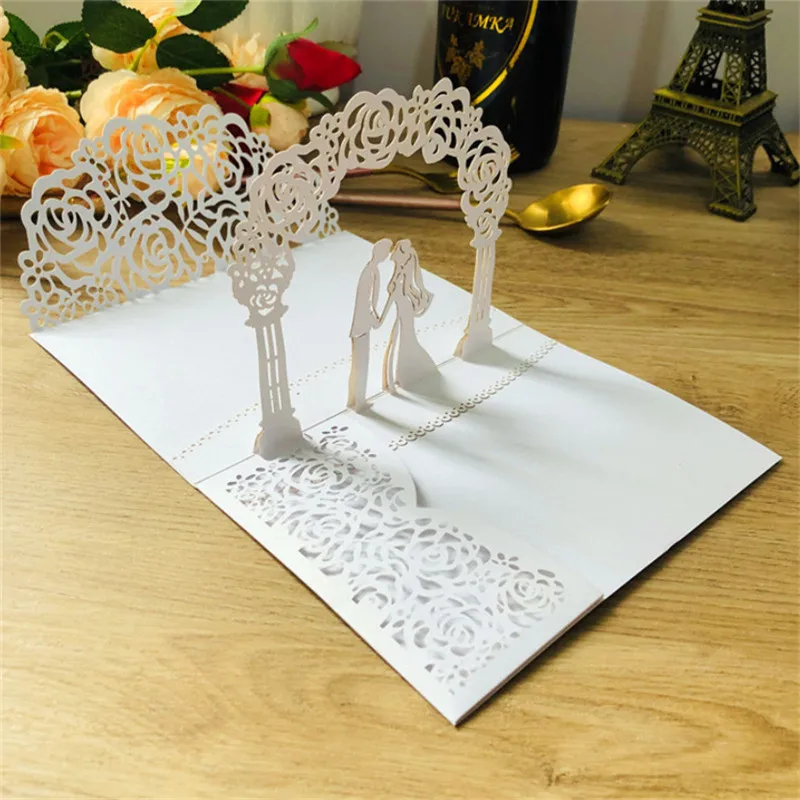 New wedding invitation pocket 3D couple wedding card holder rose laser cutting tri-fold custom supply