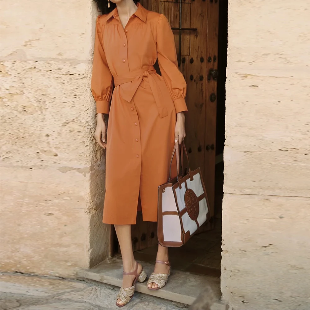

2021 Women Autumn Party With Belt Solid Midi Dress Shirt Robe Casual Lapel Single-breasted Bow Sashes Loose Oversize Vestidos