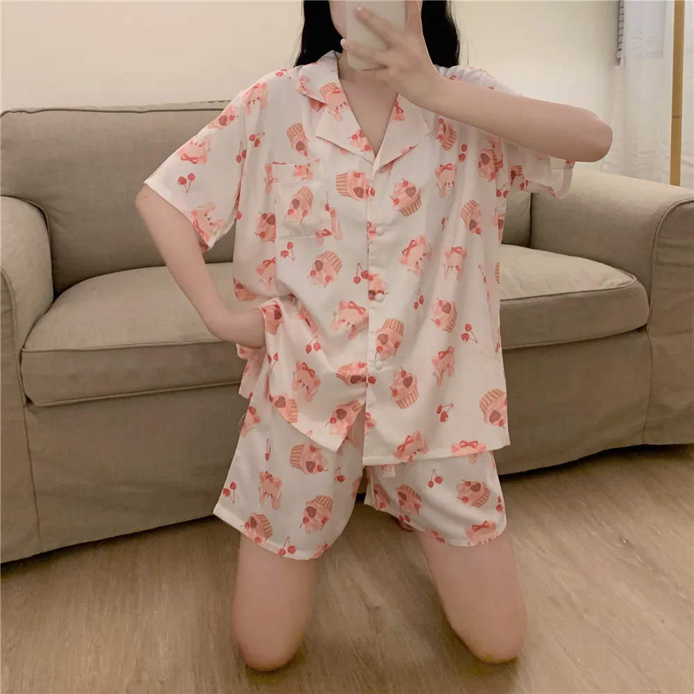 

Summer Pajamas Female Student Suit Short-Sleeved Princess Style Sweet Home Clothes Cute Printing Lapel Pajamas