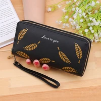 women fashion leaf double layer zipper clutch wallet ladies casual wristlet leather coin purse passport card holder phone pocket