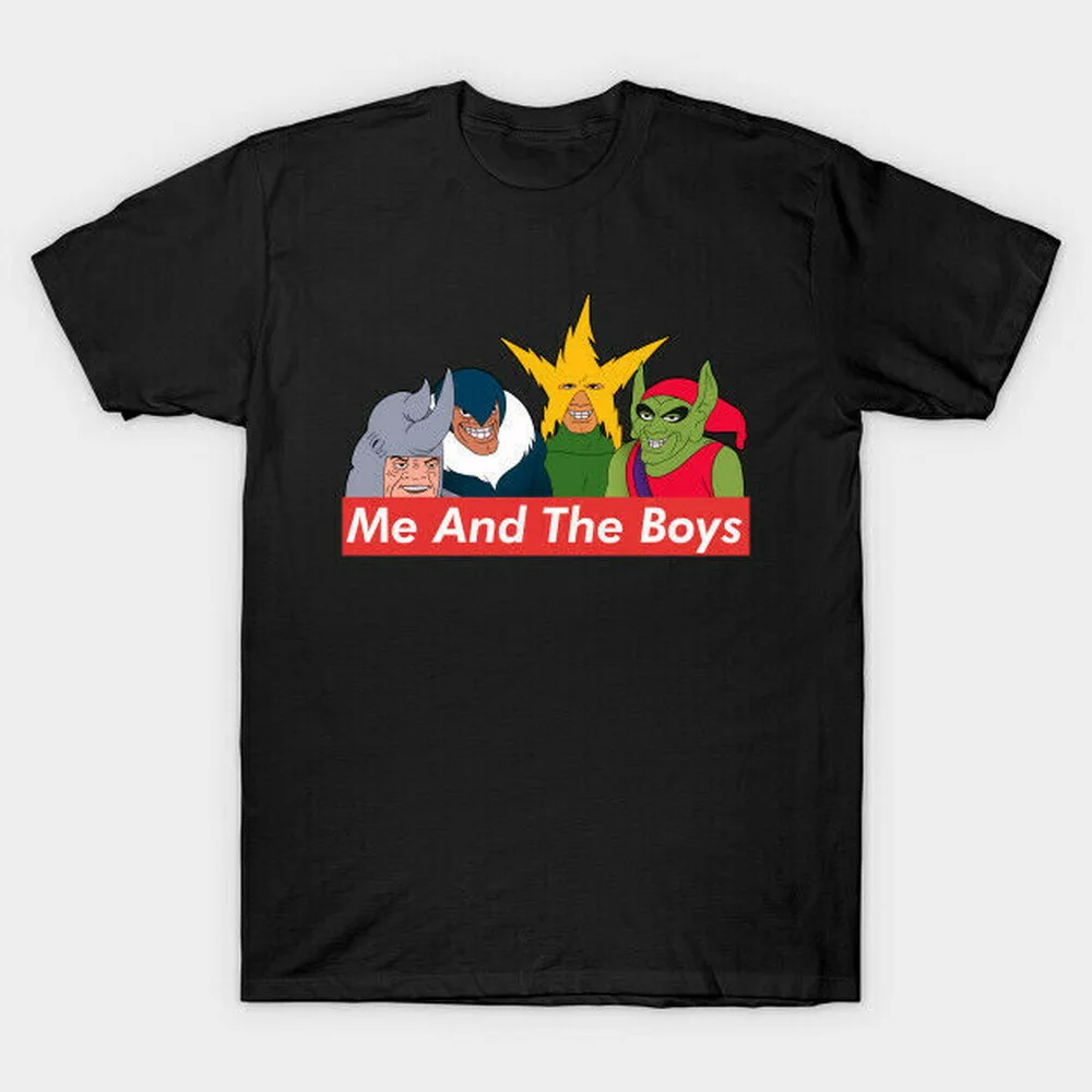 Черная футболка с надписью Me And The Boys и Meme Box со смешным человеком пауком злодеями