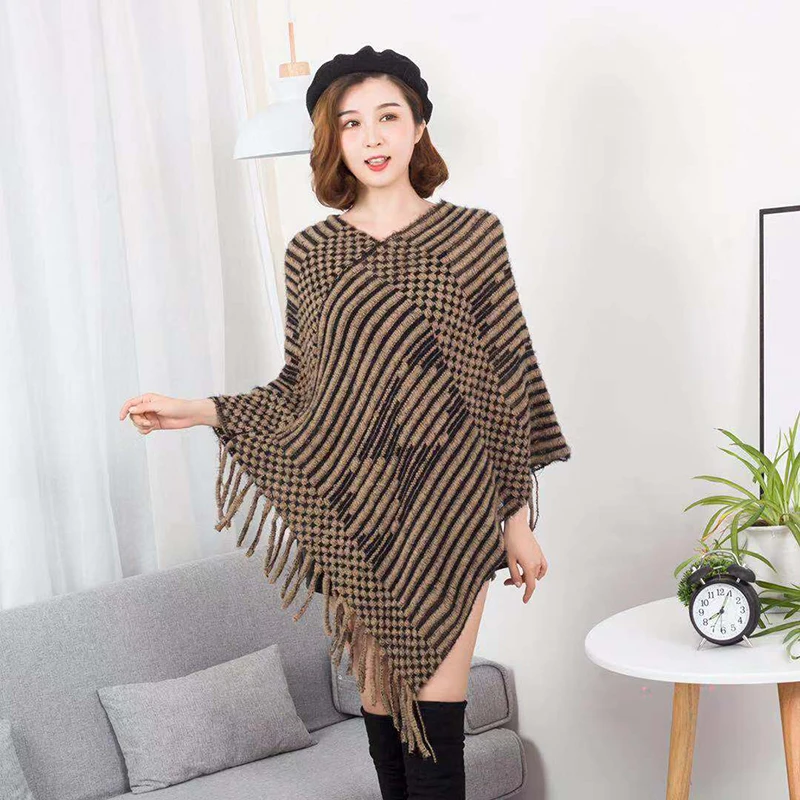 DISIMAN женская зимняя одежда пончо с кисточками женский вязанный большим