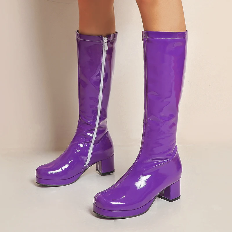 Patent Leather Waterproof Knee High Boots White Red Party Fe