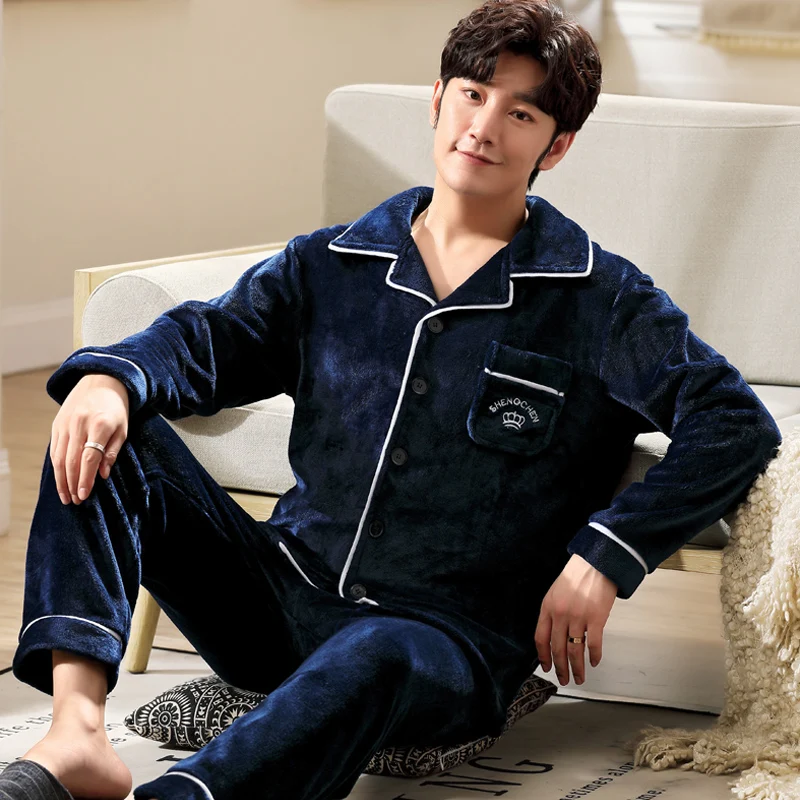 

Long Sleeve Sleepwear Winter Cow Print Casual Loose Coral Fleece Thicken Warm Sleepwear Szata Zestawy Men's Sleep DB60SY
