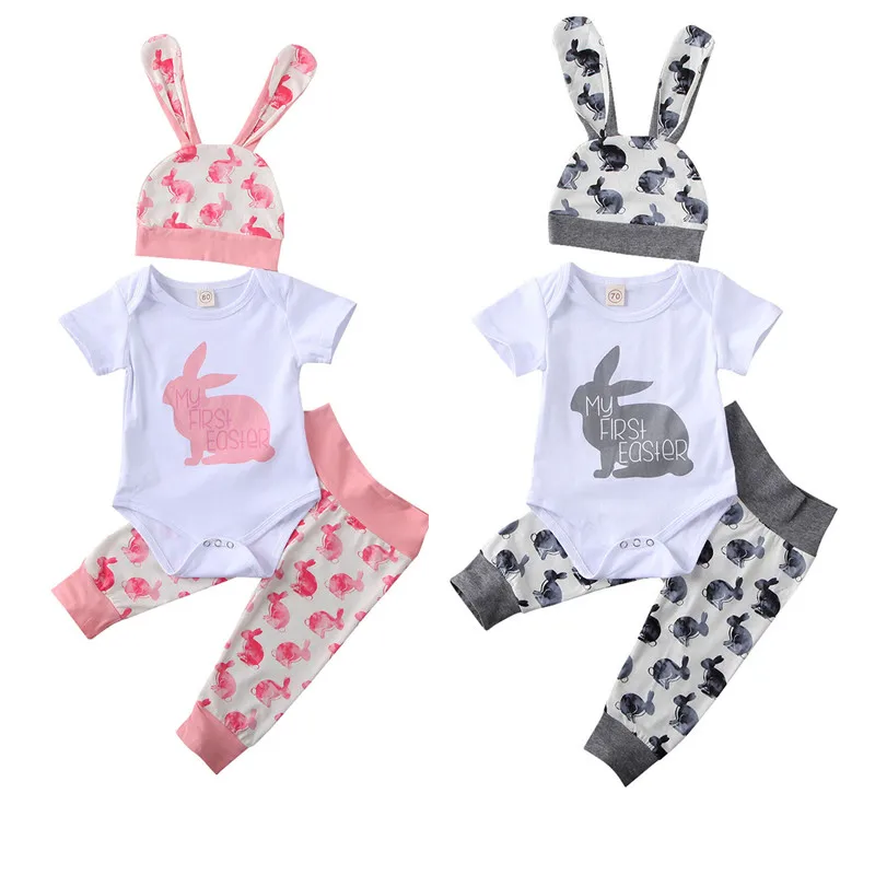 

Cute Newborn Baby Boys Girls Clothes Set My 1St Easter Romper+Bunny Pants+Hat Clothes Set