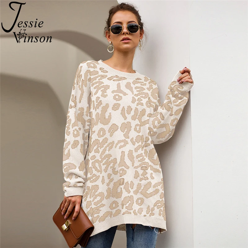 

Jessie Vinson Plus Size Casual Loose Leopard Pullover Sweater Women Oversize Thick Long Knitted Jumper Autumn Winter Knitwear