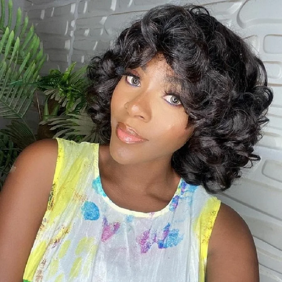 Short Hair Rose Funmi Curly Wig With Bangs Human Full Machine Made Deep Wave Fringe Bob Virgin Brazilian | Шиньоны и парики