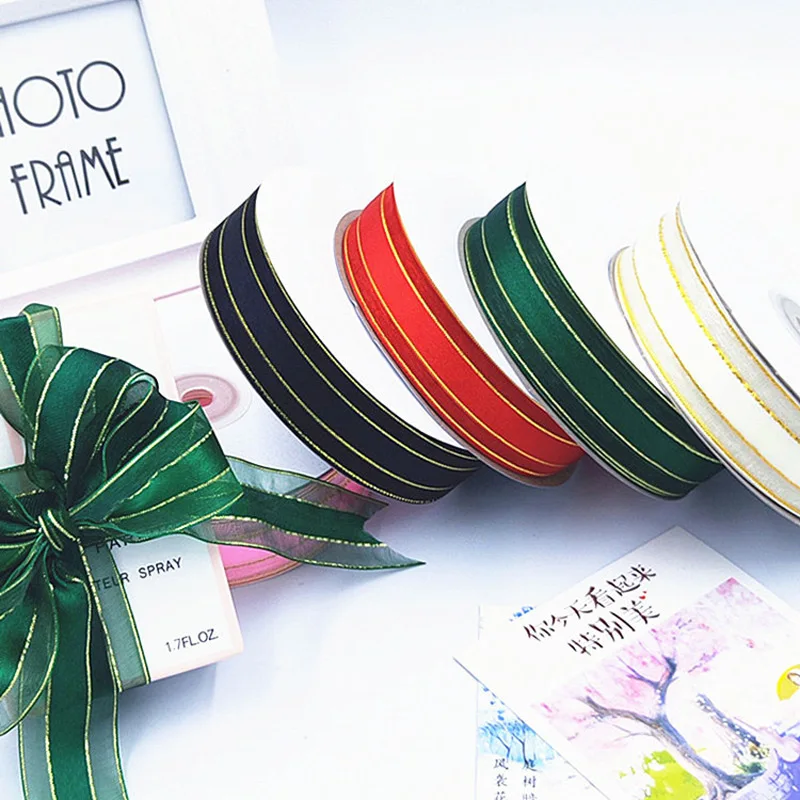 

Satin Ribbon And Golden Organza Trim For Bow Maker Ribbons DIY Crafts Handmade Gift Wrapping Wedding Decorations 25mm 50yards