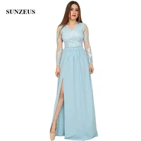 a line v neck long sleeves bridesmaids dresses 2022 lace appliques wedding party gowns side slit chiffon women long dress