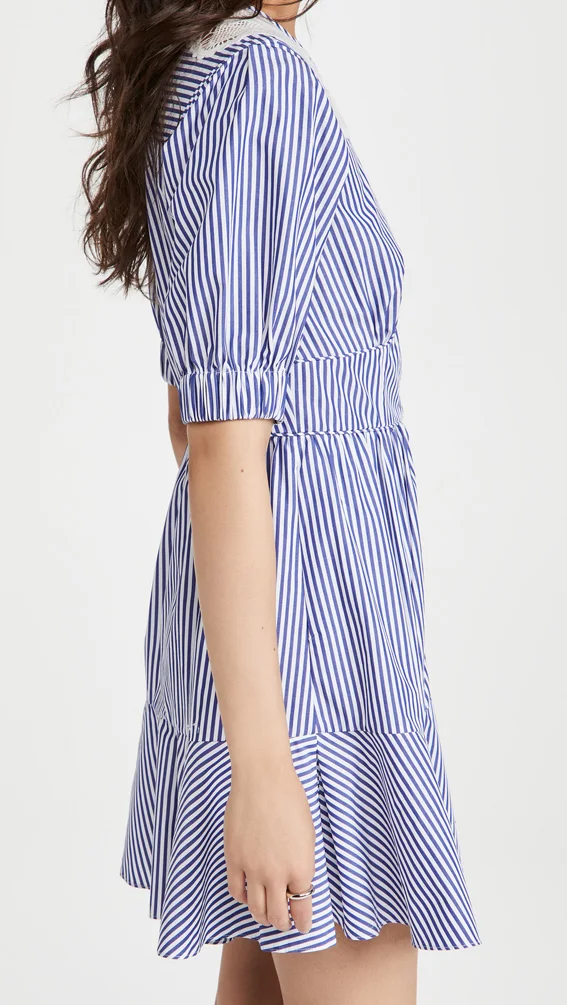 

Women Front Zipper Mini Dress Lace Stitching Short Sleeve Stripes Spring Summer 2021 Ladies Robe