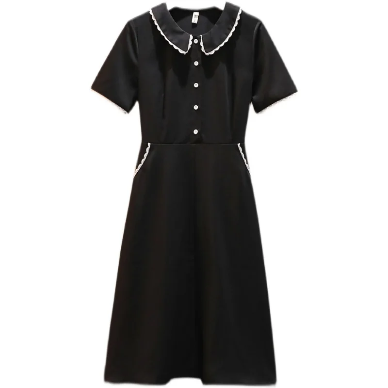 

4XL Plus Size Women Vintage Black Dress Summer 2021 Lace Patchwork Peter Pan Collar Short Sleeve High Waist Loose Midi Dresses