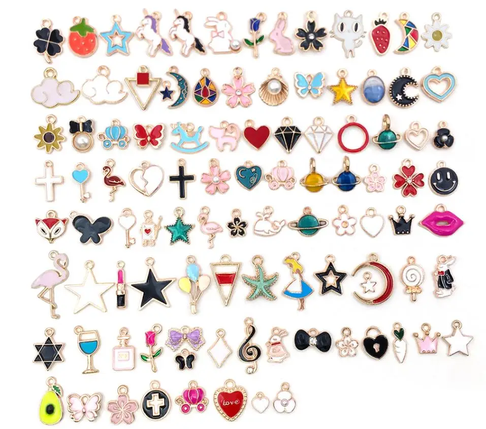 

100PC/lot Mix Styles Enamel Horse Cat Key Crown Flower Pendant 10~20mm DIY Hang Charms For Bracelet Necklace Handmade Jewelrys