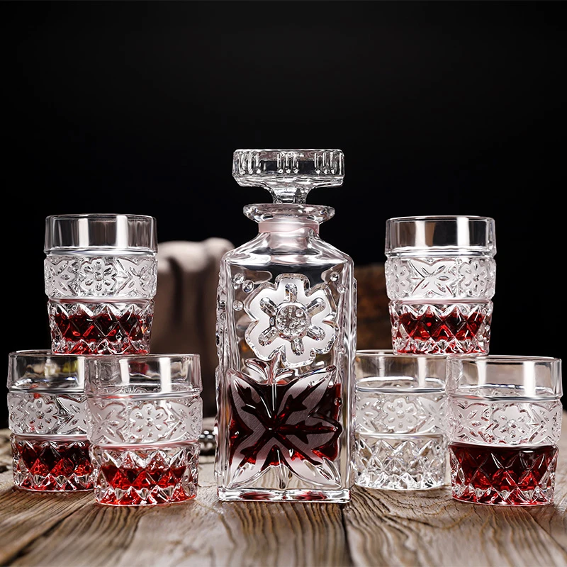 

Carved Crystal Whiskey Glass Cup wine bottle set home Bar Party Hotel Drinkware sets Glass cup Wine bottle and cups