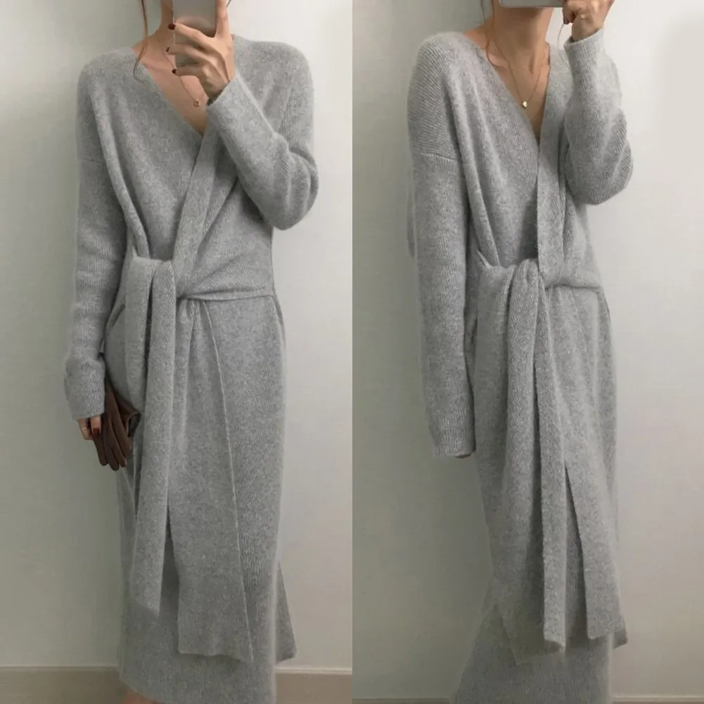 

Women Knitted Cross Collar Dress Long Sleeve Bandage Autumn Winter Outerwear Dresses THIN889