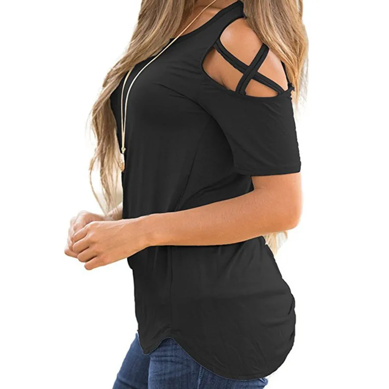 

OLOMLB 2021 Summer New Fashion Casual Solid Sexy O Neck Loose Female Short Sleeve Tops T Shirt Hollow Out Women Clothing Basic