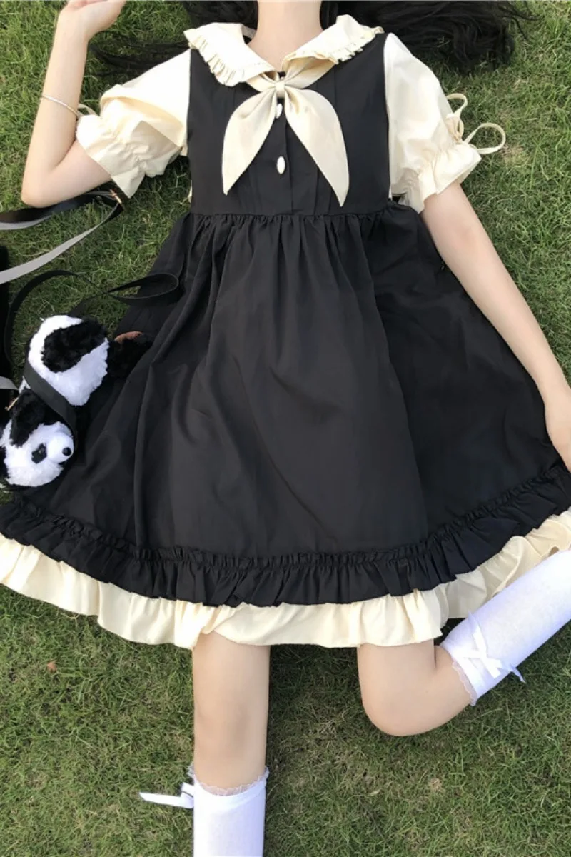 

Summer 2020 New Japanese Soft Girl Sweet Cute Bow Fake Two-Piece Stitching Loose Short-Sleeve Dress Women gothic lolita dress