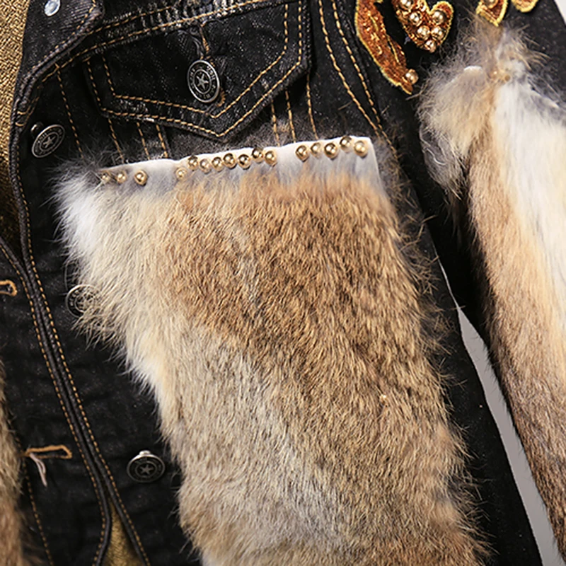 

Fashion New Personality Real Rabbit Hair Jeans 2 Piece Set Women Autumn and Winter Denim Jacket Suit Women's Two Piece Set