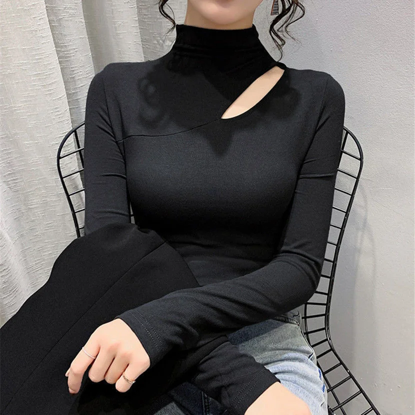

High Collar Bottomed Long Sleeve Shirt T-shirt Women Tshirt Autumn Winter Clothes New Slim Fitting Collarbone Exposed Top Vogue