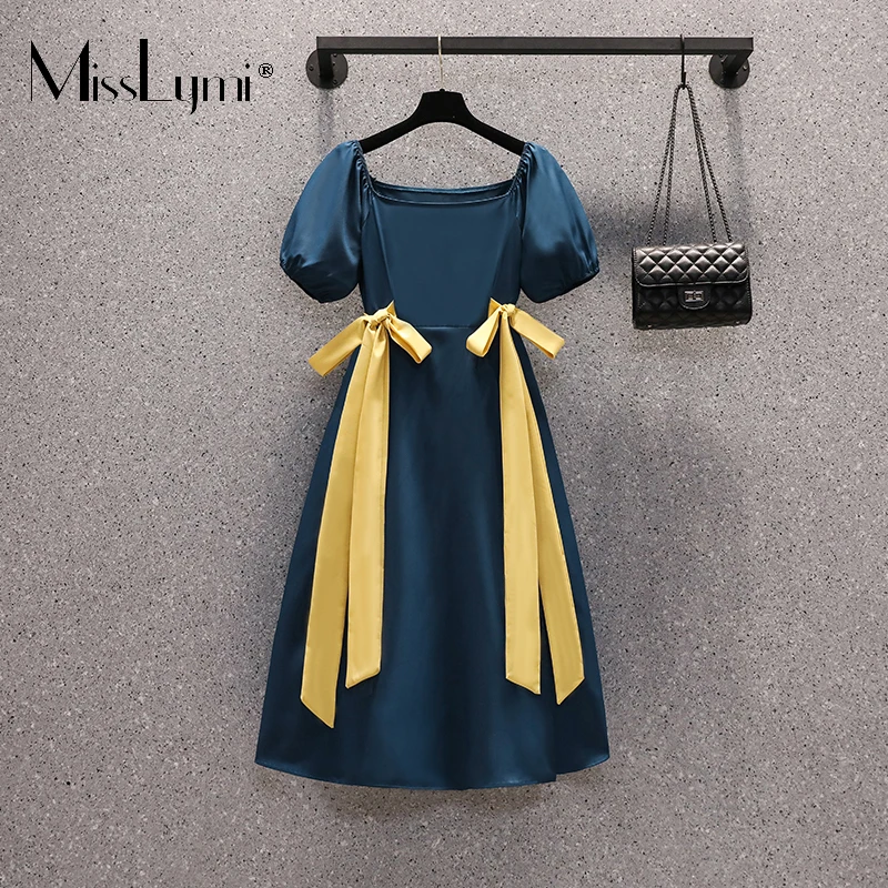 

4XL Plus Size Women Color Contrast Bow Sweet Midi Dress Summer 2021 Vintage Square Collar Puff Sleeve Collect Waist Lacing Dress