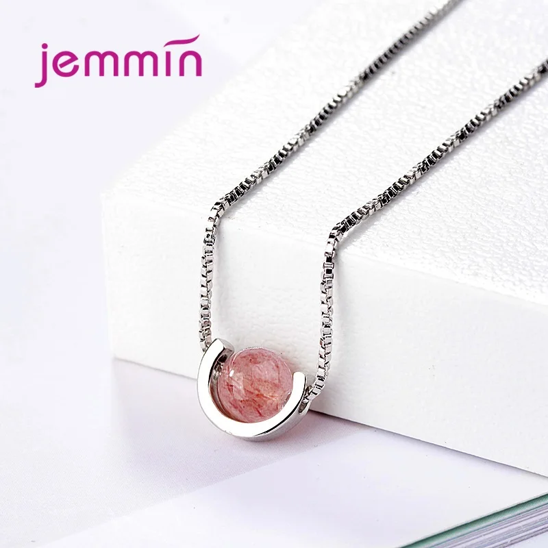 

New Natural Strawberry Crystal Pink Bead 925 Sterling Silver Fashion Jewelry Ball Simple Women Pendant Necklaces