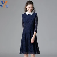 autumn winter blue color casual evening female mesh vestidos straight detachable collar polyester loose elegant party dresses