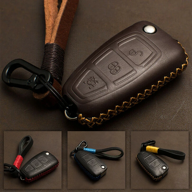 

For Ford Ranger C-Max S-Max Focus Galaxy Genuine Leather Car Key Cover Case Remote Fob Keychain