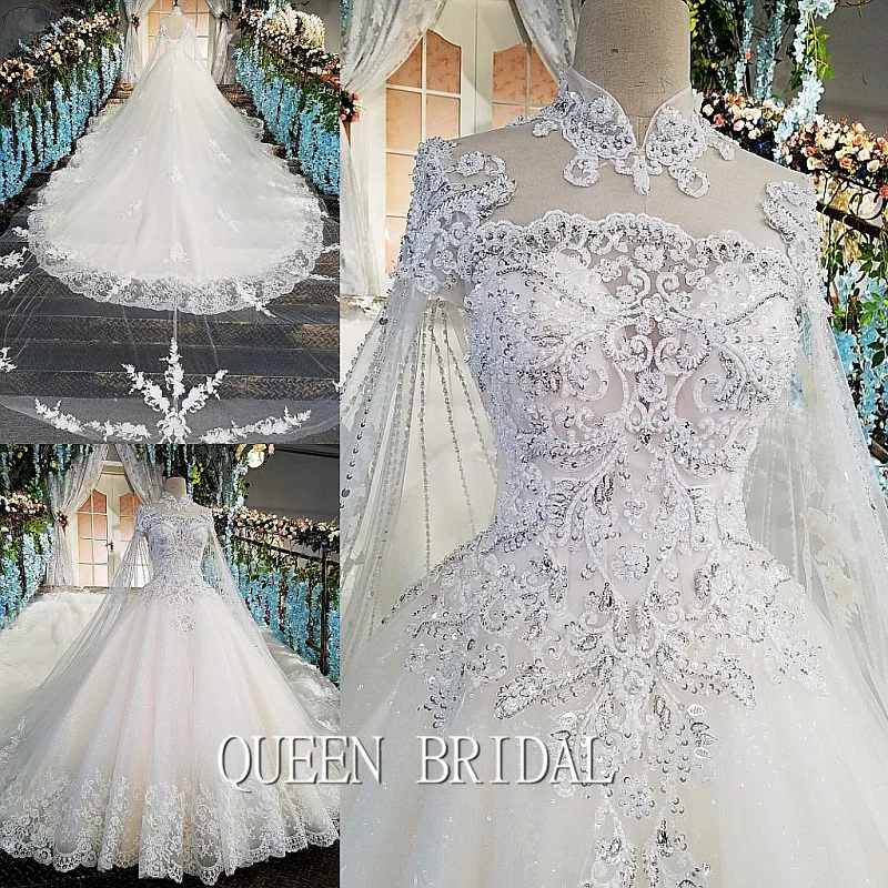 Luxury Ball Gown High Neck Big Train Puffy Skirt Sequins Tulle Lace Beading Crystal Wedding Dresses Bridal Gowns XN03 | Свадьбы и