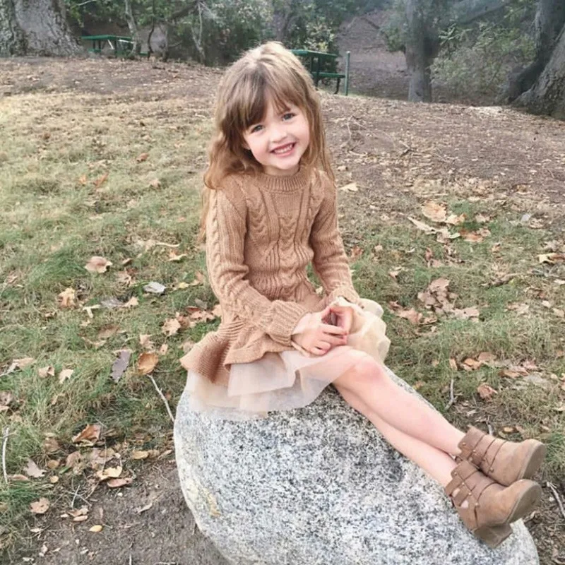 Вязаное платье-свитер для девочек Осень-зима теплые элегантные платья детские
