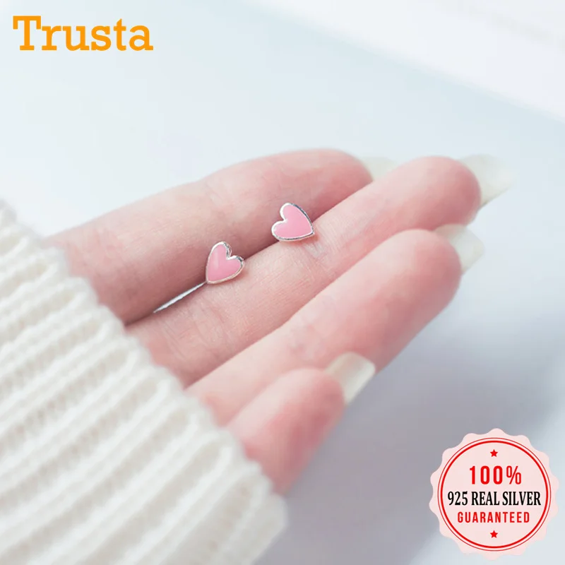 Trusta,,, 925, твердые, Настоящее серебро, модные, крошечные, розовые глазурь, сердце, серьги-гвоздики для женщин, девушек, хорошее ювелирное изделие DS03
