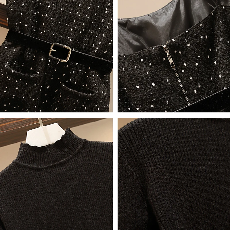 

Two piece set women Casual Knitted Sweater + Sling Dress Polka Dot Zipper Sashes Set Fashion A-line 2 piece sets womens outfits