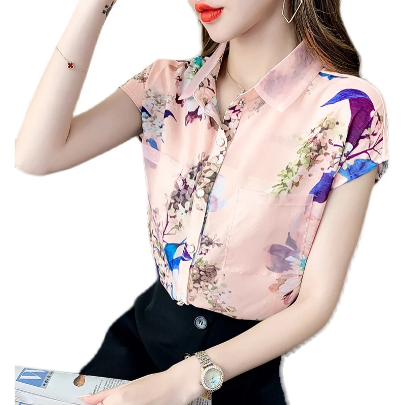

Houthion Chiffon Slim Women's Blouses New Casual Blouse Fashion Short Sleeve Top Flowers Buttons Polo Shirt Summer