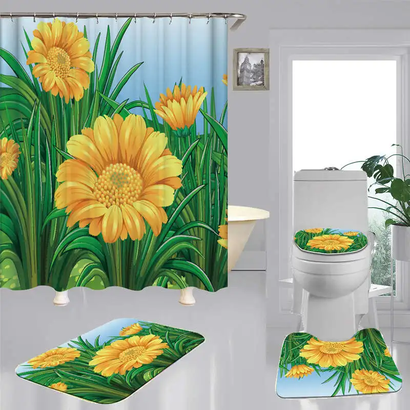 

Занавеска для душа из полиэстера с желтыми цветами, нескользящий коврик для ванной, крышка для туалета, декоративный набор для ванной комна...