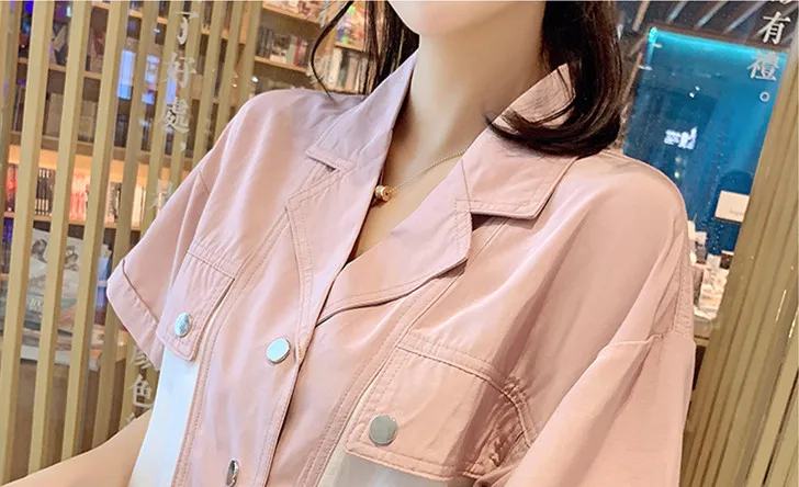 

2020 Summer Korean Fashion Color-blocked Two Piece Sets Women Short Sleeve Tops + High Waist Shorts Office Female Matching Sets