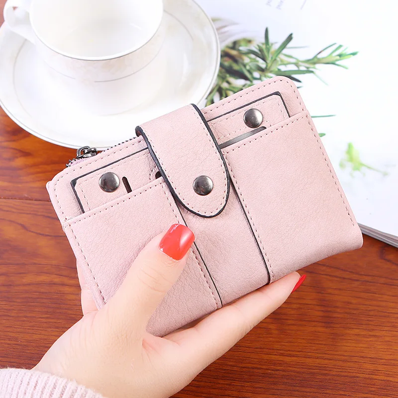 

Small Fashion Tri-Fold Women Wallet PU Leather Hasp Zipper Card Holder Short Retro Frosted Ladies Bag Student Coin Purse Clutch