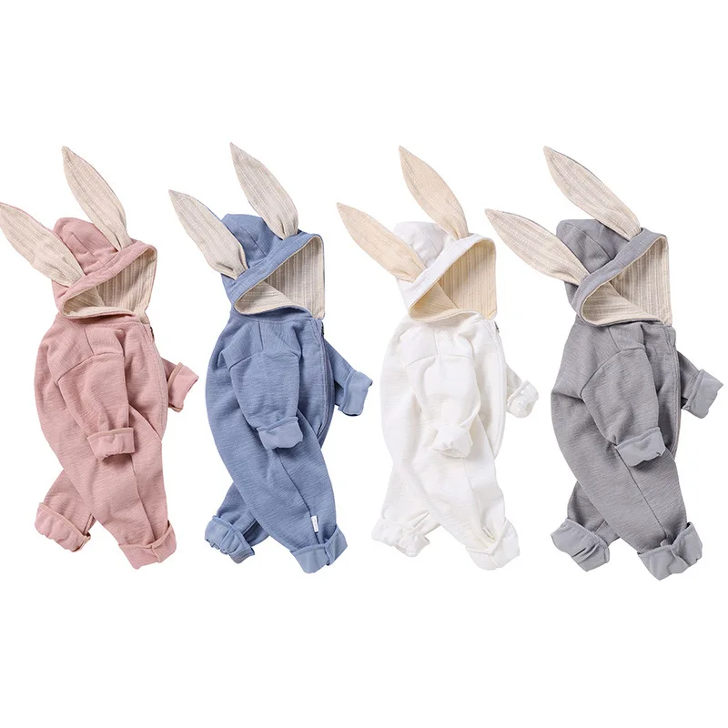 Baby Clothes Girls Romper Solid Fall Winter Boys Jumpsuit Rabbit Cotton Long Sleeve Newborn Rompers Hooded Zipper Bebe Outfits