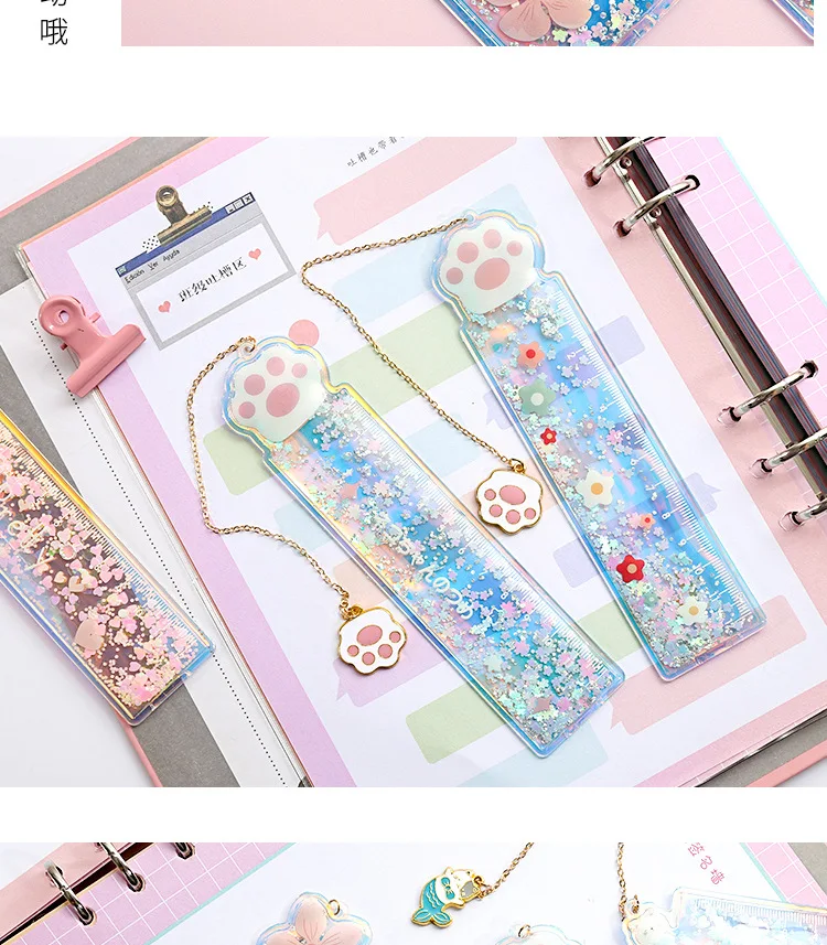 1Pcs Creative Bookmarks Cartoon Quicksand PVC Drawing Ruler Student Lovely Pendant Bookmark Stationery School Supply
