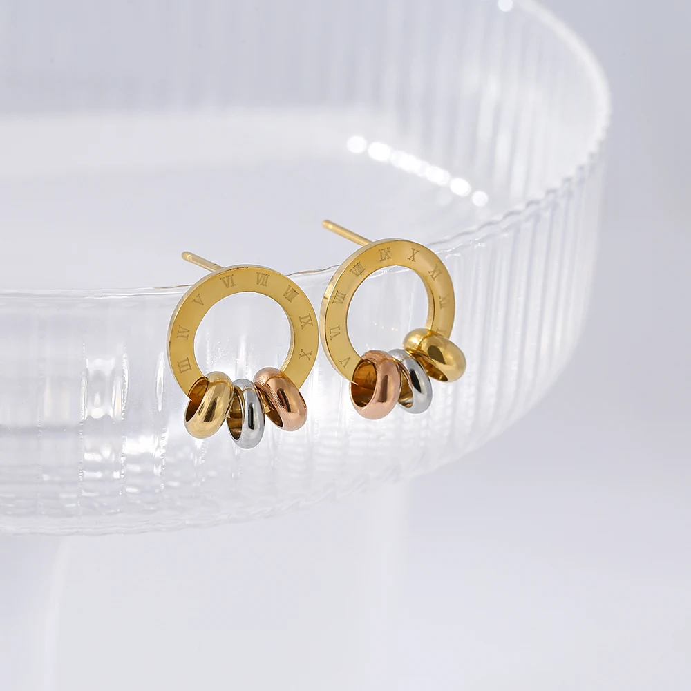 

Yhpup Classic Stainless Steel Stud Earrings Round Brand Roman Numerals Charm Golden Metal Fashion Earrings Jewelry Orecchini