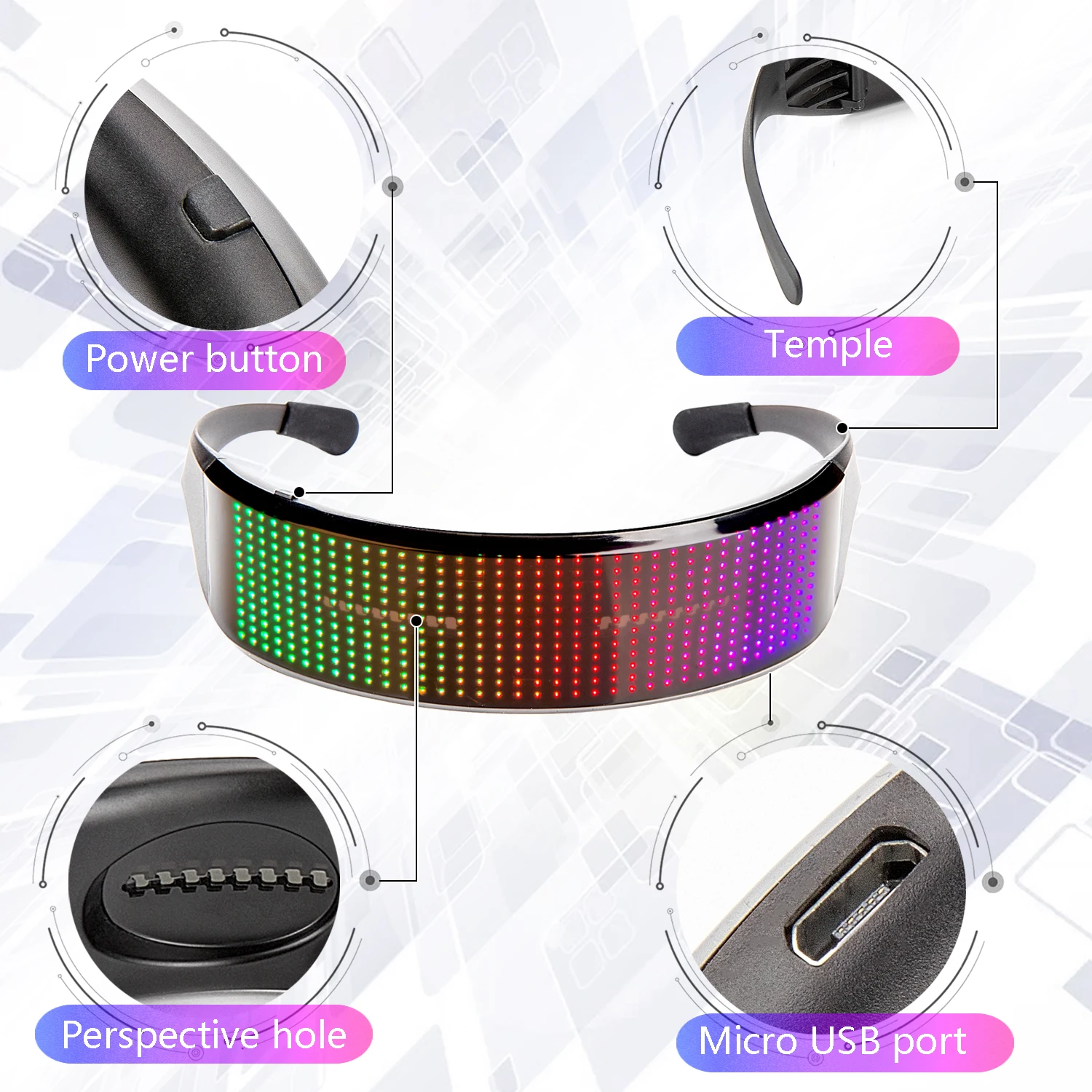 구매 블루투스 LED 안경 앱 제어 매력적인 풀 컬러 매력적인 스크롤 충전식 LED 디스플레이 안경, DJ 음악 파티용