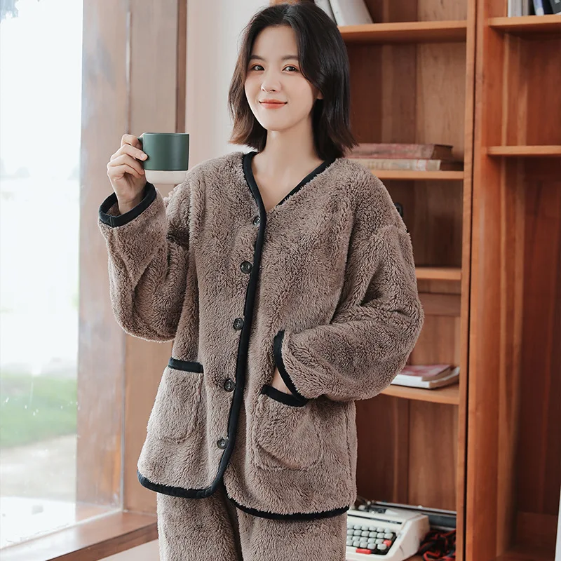 

Winter New Women Pajamas Set Flannel 2PCS Sleepwear Long Sleeve Shirt&Pants Coral Fleece Sleep Set Casual Trousers Suit