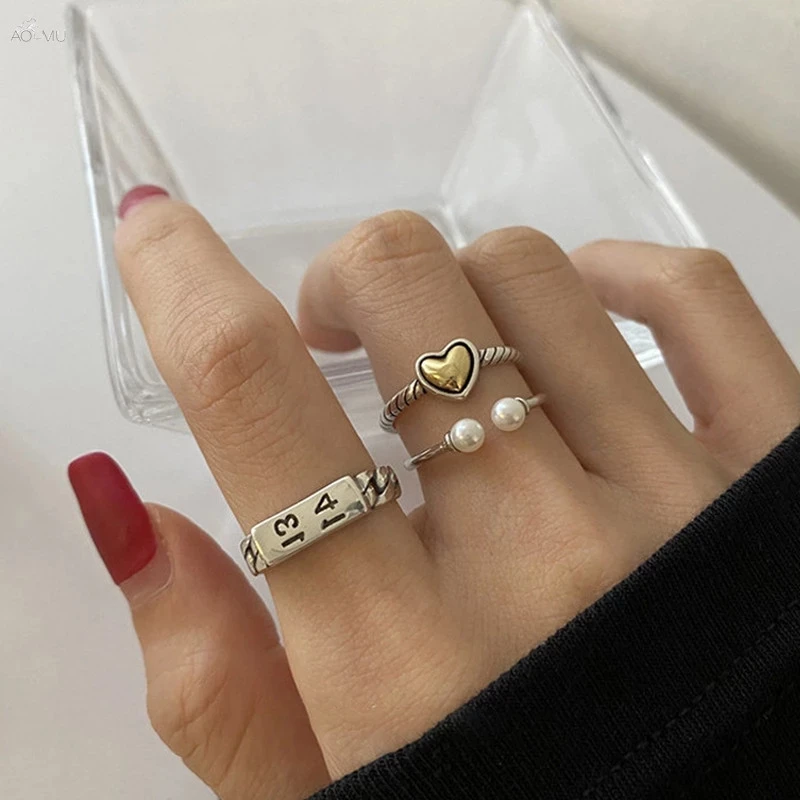 

AOMU 3PCS/SET Korea Punk Vintage Metal Chain Open Rings for Women Gold Silver Color Adjustable Wide Ring Set Party Jewelry Gifts