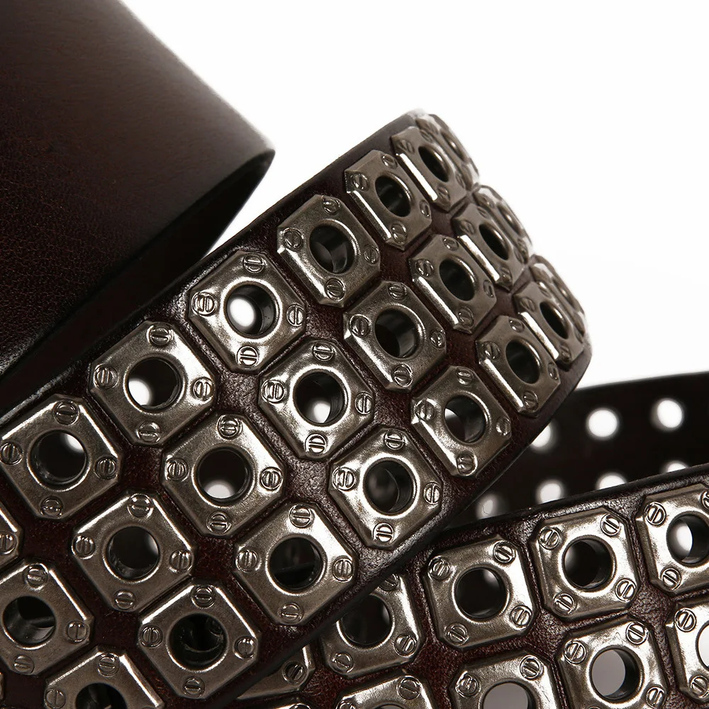 

Men's Belt Genuine Cowhide Belt 100% Genuine Leather Pin Buckle Belt Hollow Rivets Men's Cowhide Belt