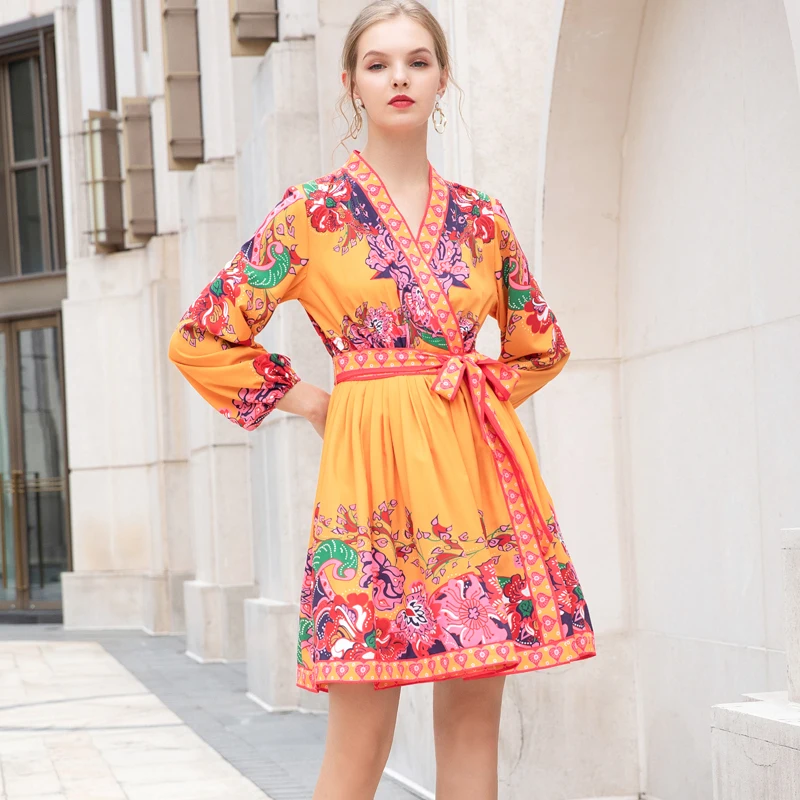 

2020 Fall New Style Bohemian Retro Ethnic Style Print Sexy V-Neck Long Sleeve Belt Long Sleeve Dress Women High Quality