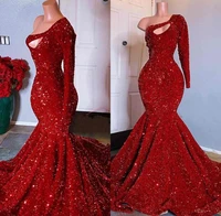 red sequined black girls mermaid prom dresses one shoulder long sleeve sequined keyhole prom gowns robe de soir%c3%a9e de mariage