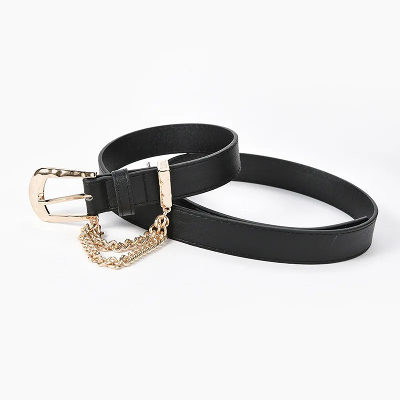 

2021 New Jeans Waistbands Chain Decorative Waist Belt Women Inlaid Chain Alloy Pin Buckle Faux Leather Solid Color Leather Belt