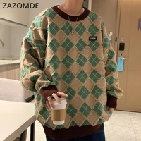 zazomde men hip hop sweaters streetwear retro knitted pullover tops new geometry casual knit warm pullover harajuku sweater men