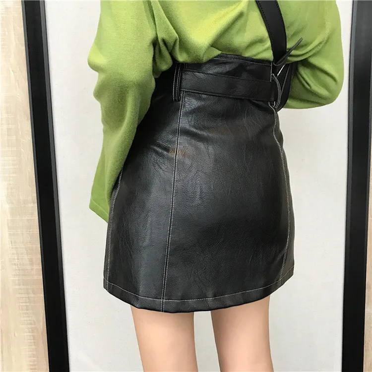 Осенняя Корейская черная кожаная юбка Женская Harajuku на молнии уличная трапециевидная Нижняя мини юбки Готическая Высокая талия с поясом Юбка warp